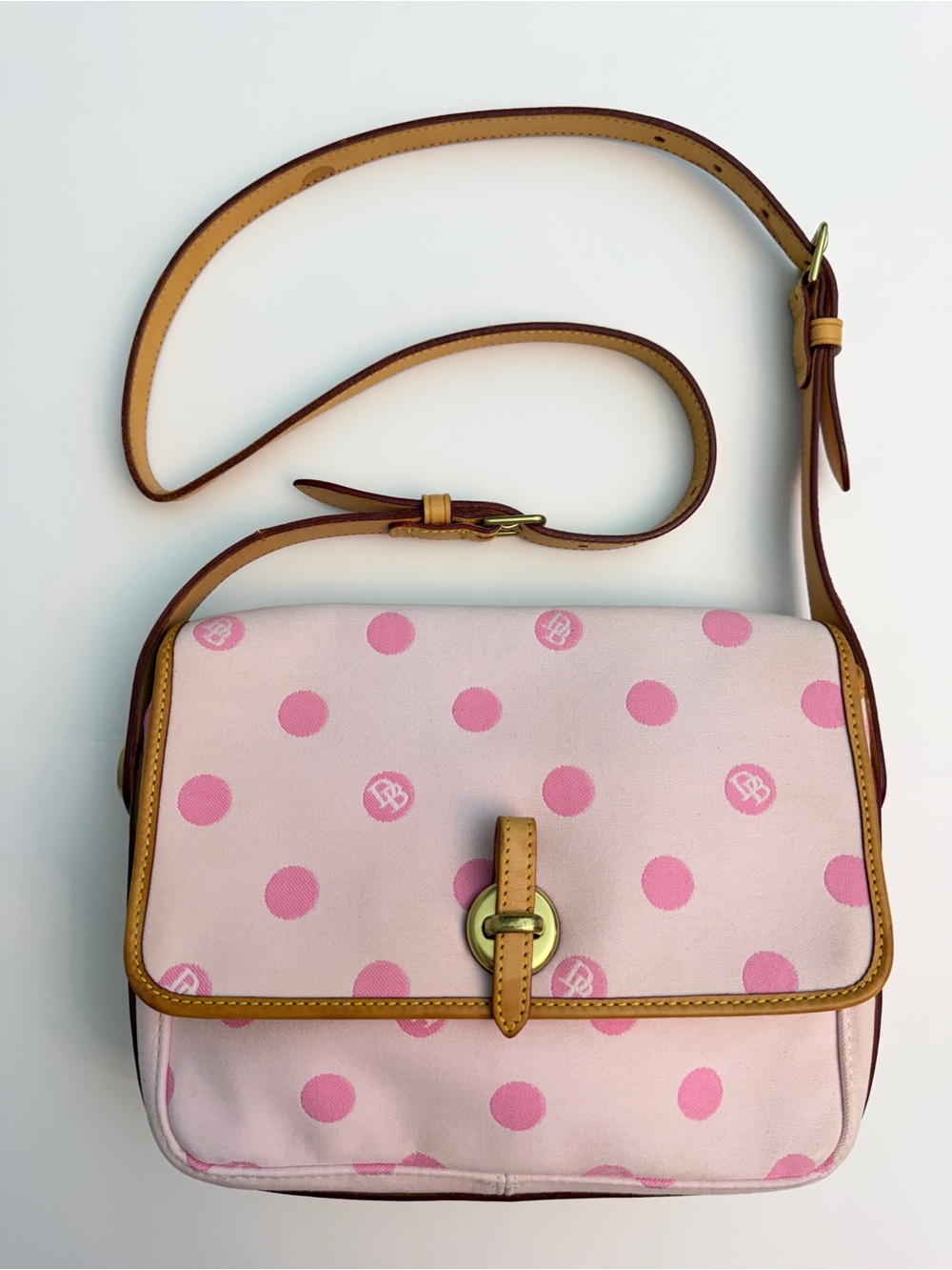 Dooney & Bourke Pink Polka Dot Canvas Crossbody with British Tan Leather Trim